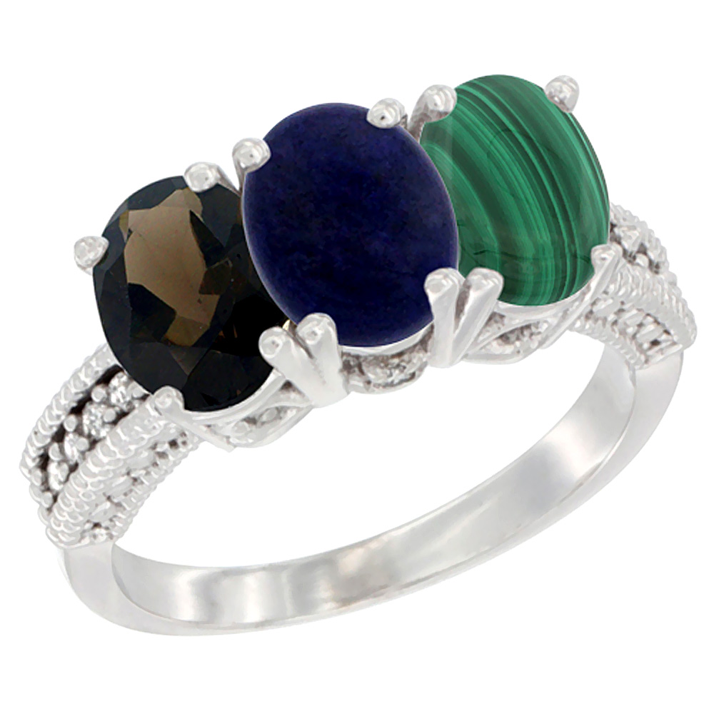 10K White Gold Natural Smoky Topaz, Lapis & Malachite Ring 3-Stone Oval 7x5 mm Diamond Accent, sizes 5 - 10