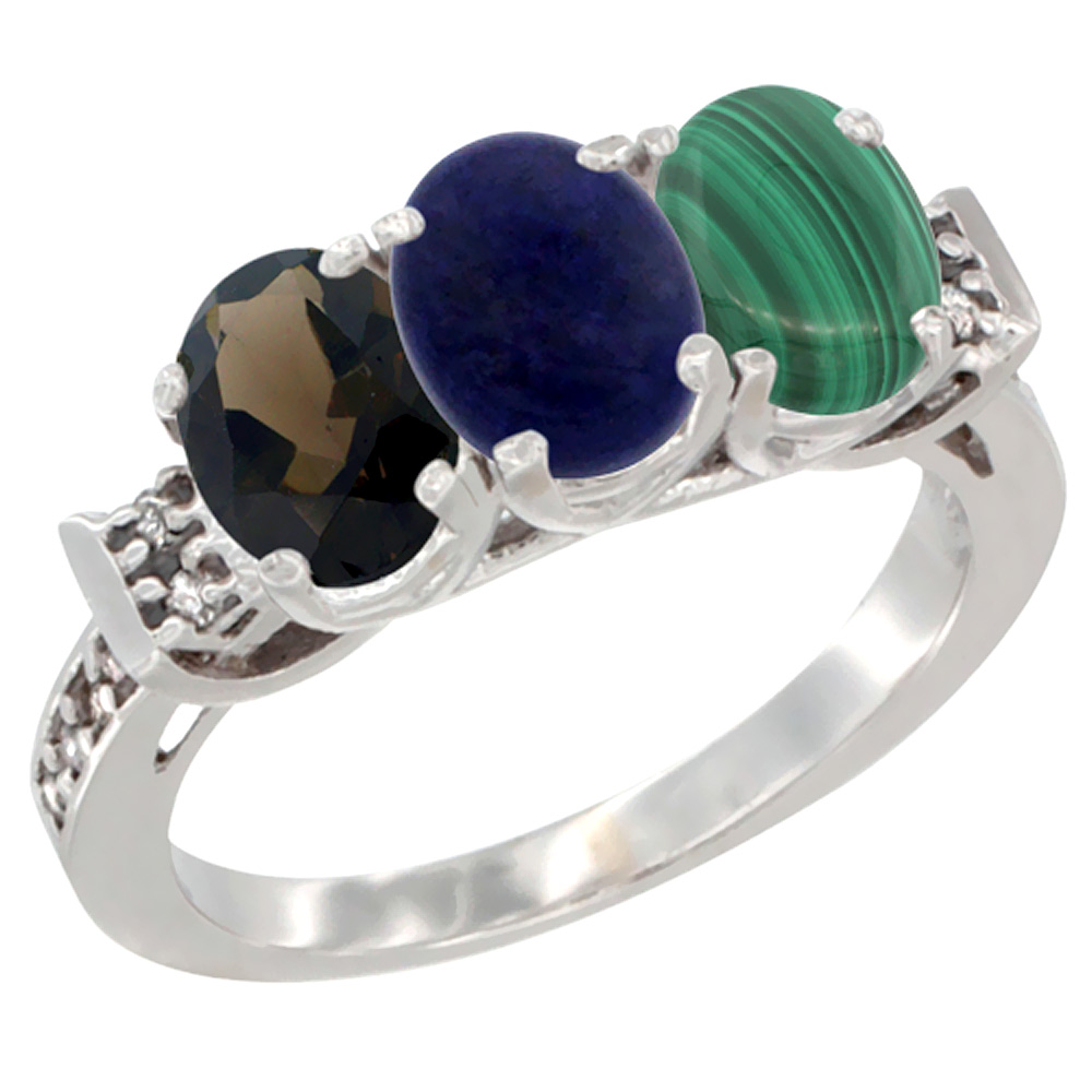 10K White Gold Natural Smoky Topaz, Lapis & Malachite Ring 3-Stone Oval 7x5 mm Diamond Accent, sizes 5 - 10