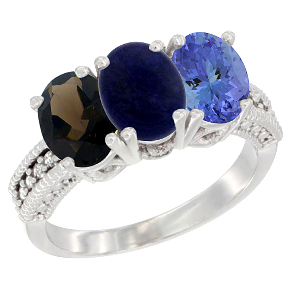 10K White Gold Natural Smoky Topaz, Lapis & Tanzanite Ring 3-Stone Oval 7x5 mm Diamond Accent, sizes 5 - 10