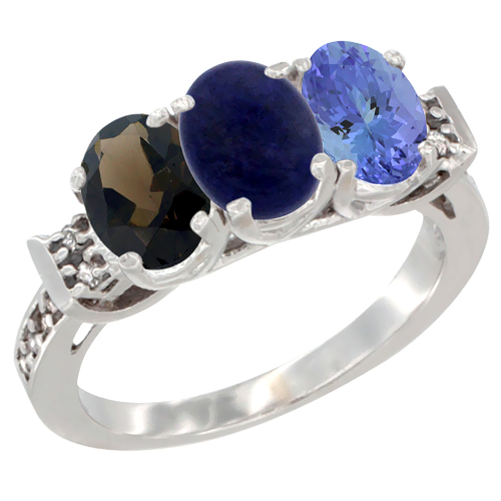 10K White Gold Natural Smoky Topaz, Lapis & Tanzanite Ring 3-Stone Oval 7x5 mm Diamond Accent, sizes 5 - 10