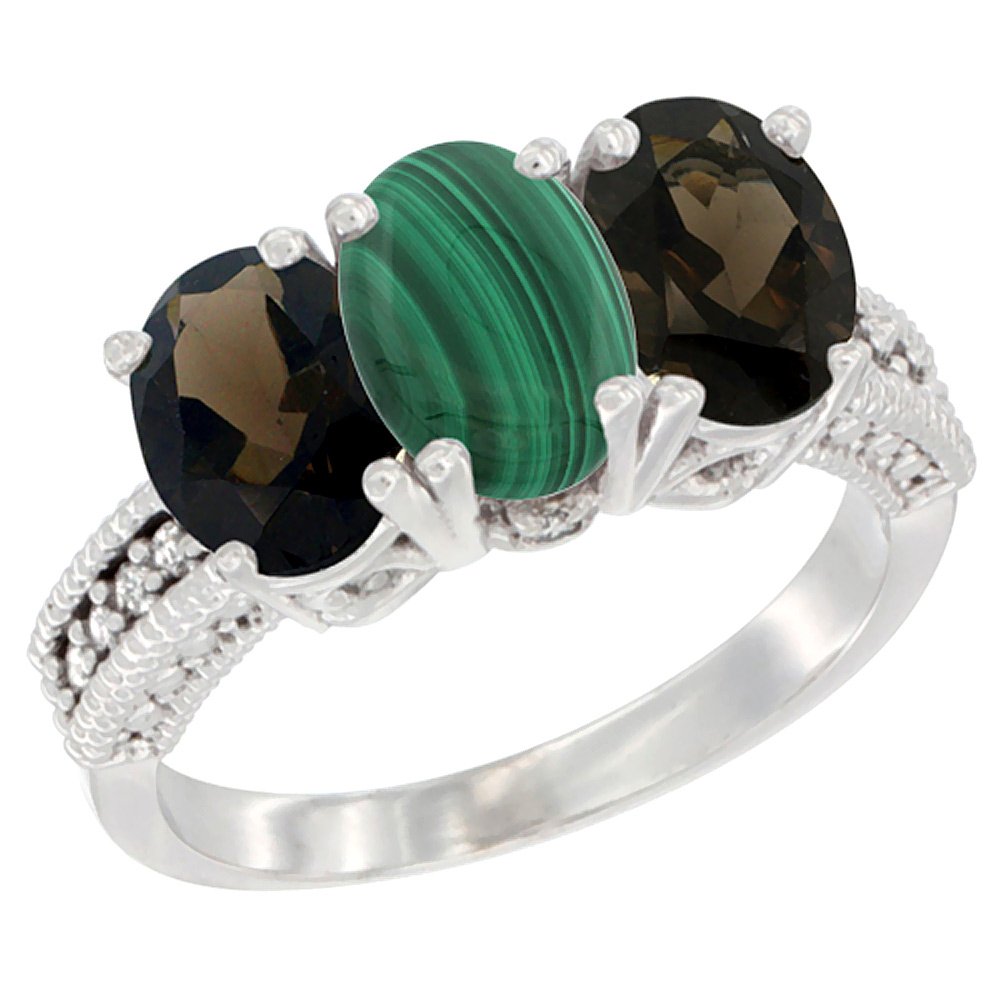 10K White Gold Natural Malachite &amp; Smoky Topaz Sides Ring 3-Stone Oval 7x5 mm Diamond Accent, sizes 5 - 10