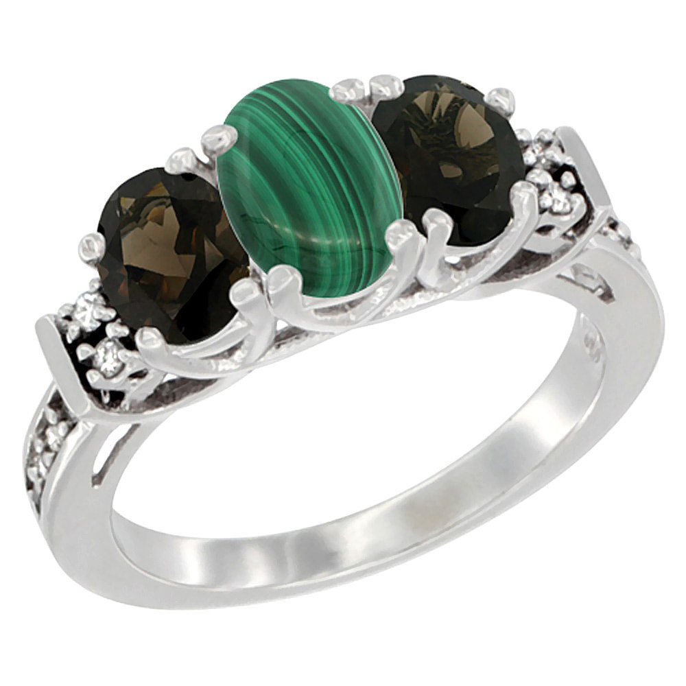 14K White Gold Natural Malachite & Smoky Topaz Ring 3-Stone Oval Diamond Accent, sizes 5-10