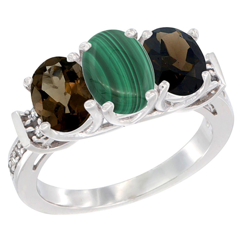 14K White Gold Natural Malachite &amp; Smoky Topaz Sides Ring 3-Stone Oval Diamond Accent, sizes 5 - 10