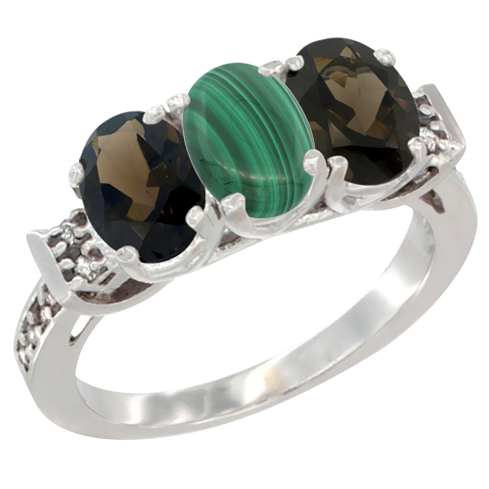 10K White Gold Natural Malachite &amp; Smoky Topaz Sides Ring 3-Stone Oval 7x5 mm Diamond Accent, sizes 5 - 10