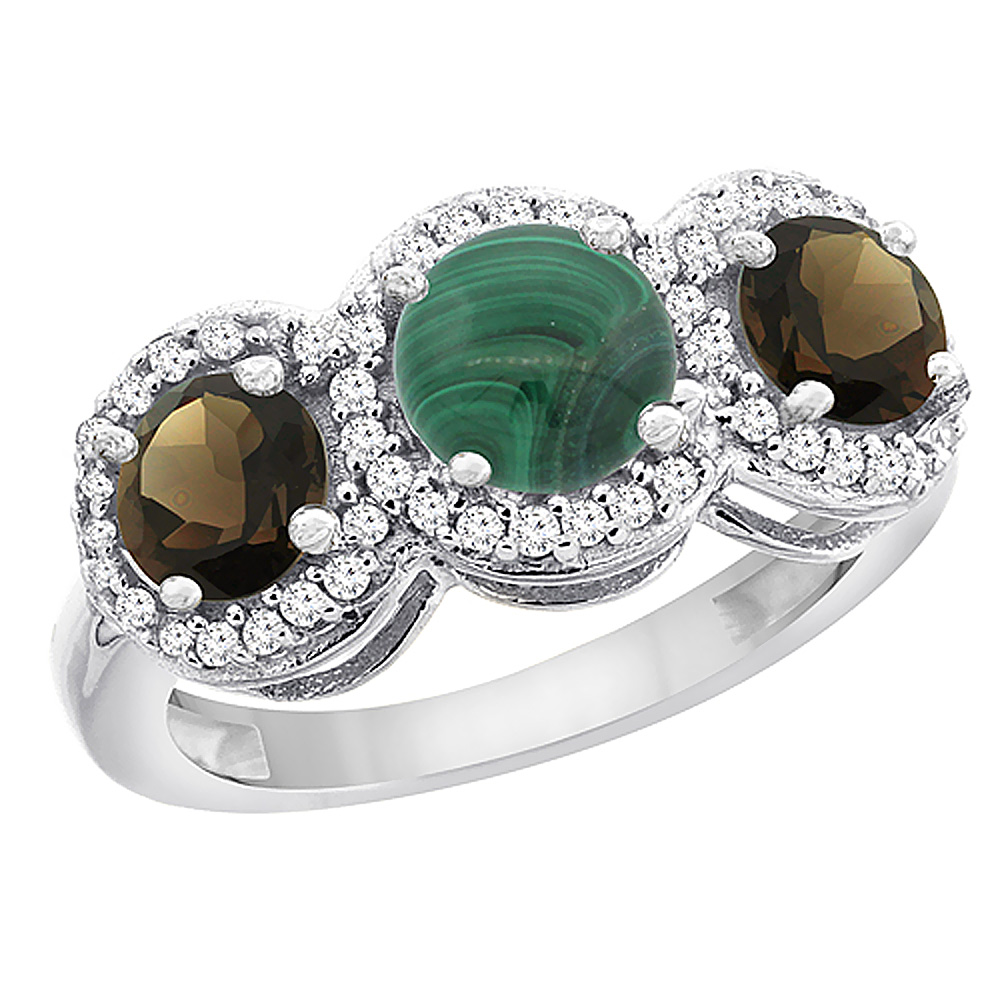 10K White Gold Natural Malachite & Smoky Topaz Sides Round 3-stone Ring Diamond Accents, sizes 5 - 10