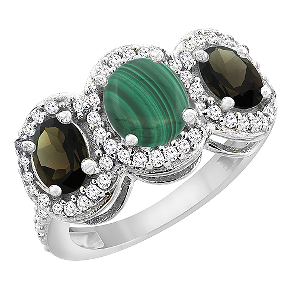 14K White Gold Natural Malachite & Smoky Topaz 3-Stone Ring Oval Diamond Accent, sizes 5 - 10