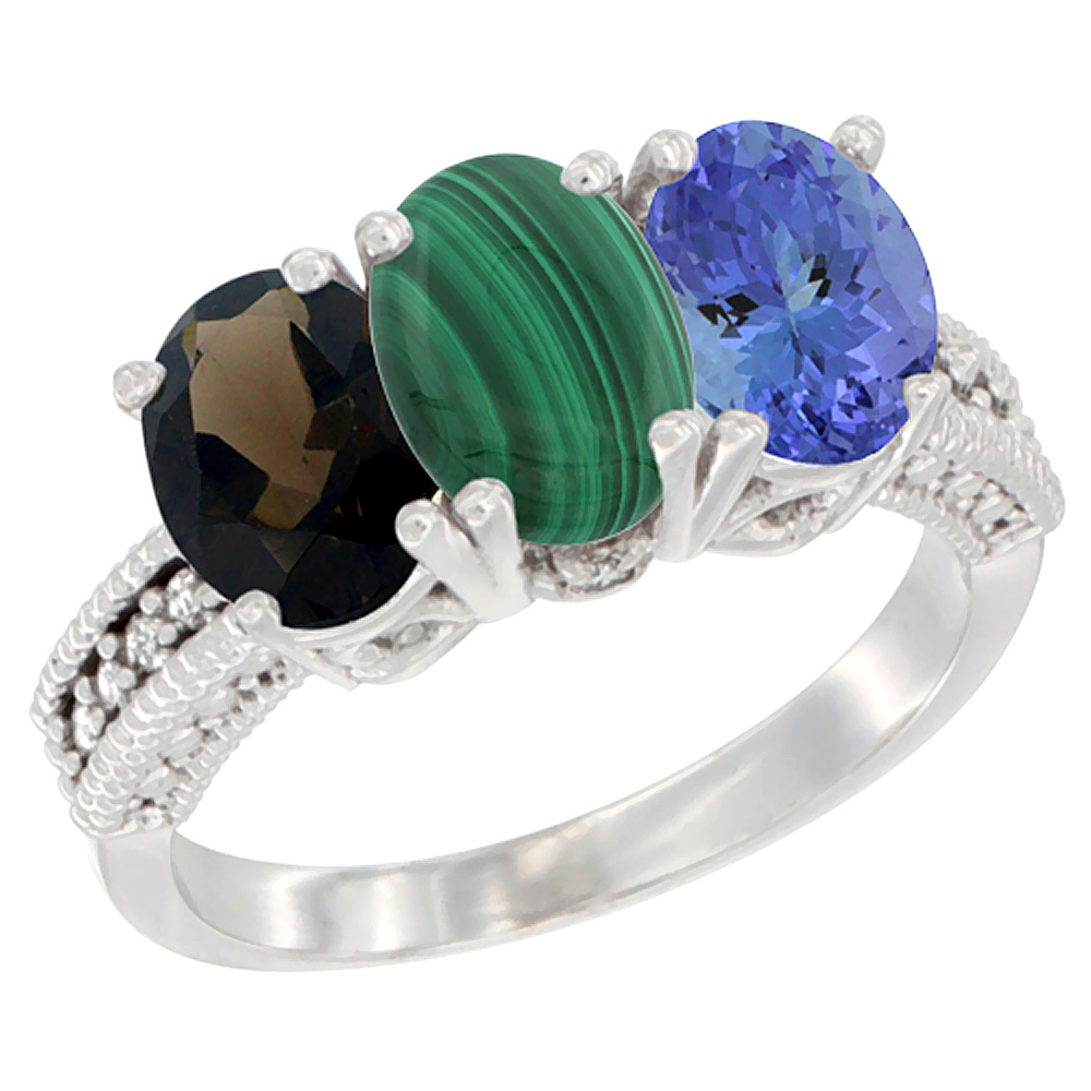 14K White Gold Natural Smoky Topaz, Malachite & Tanzanite Ring 3-Stone 7x5 mm Oval Diamond Accent, sizes 5 - 10