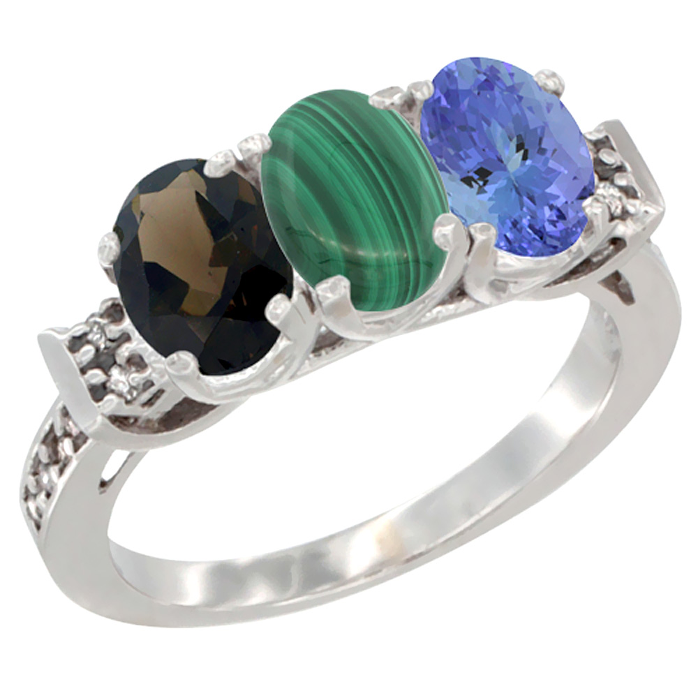 10K White Gold Natural Smoky Topaz, Malachite & Tanzanite Ring 3-Stone Oval 7x5 mm Diamond Accent, sizes 5 - 10