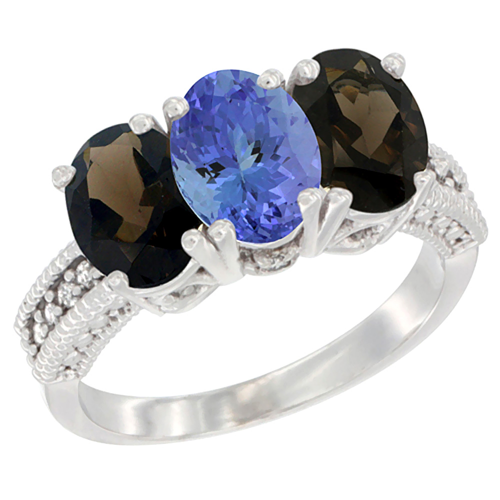 14K White Gold Natural Tanzanite &amp; Smoky Topaz Ring 3-Stone 7x5 mm Oval Diamond Accent, sizes 5 - 10