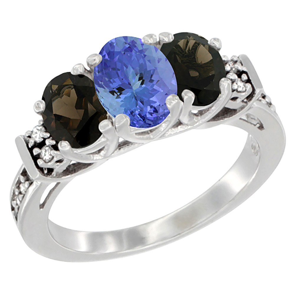 14K White Gold Natural Tanzanite &amp; Smoky Topaz Ring 3-Stone Oval Diamond Accent, sizes 5-10