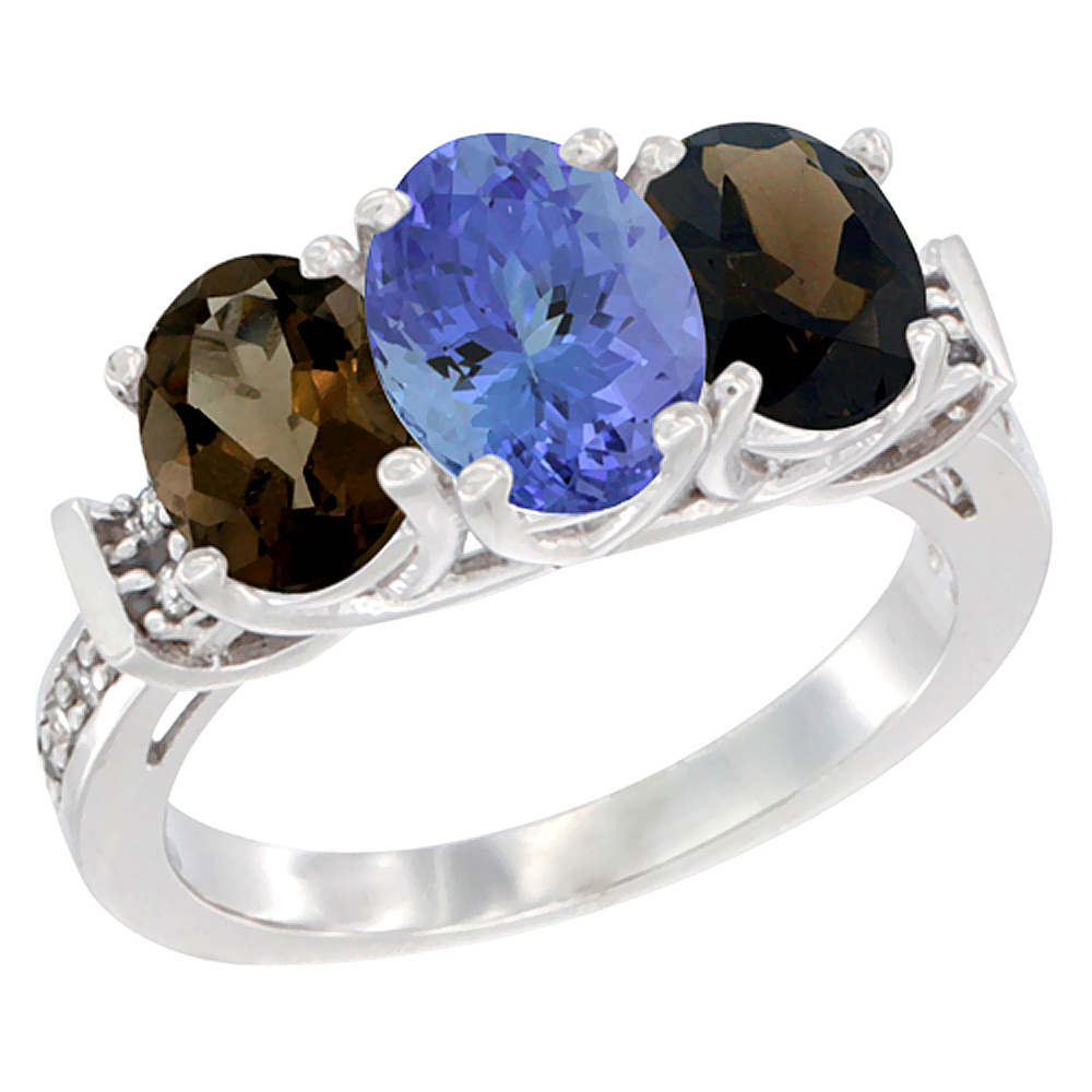 10K White Gold Natural Tanzanite &amp; Smoky Topaz Sides Ring 3-Stone Oval Diamond Accent, sizes 5 - 10