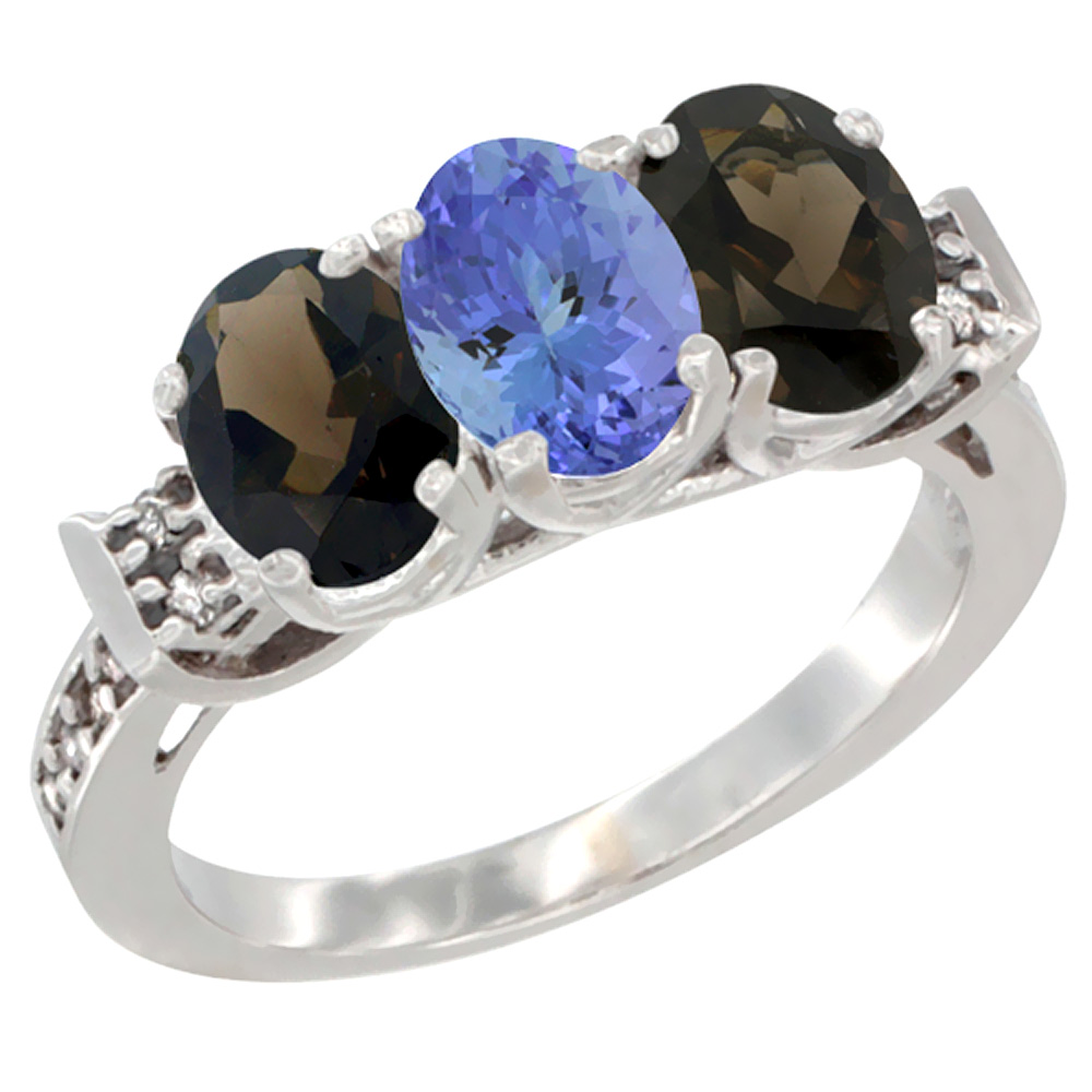 10K White Gold Natural Tanzanite & Smoky Topaz Sides Ring 3-Stone Oval 7x5 mm Diamond Accent, sizes 5 - 10