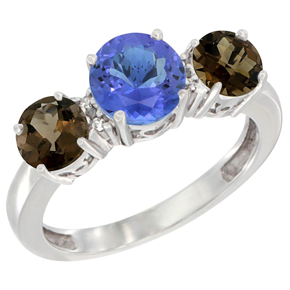 10K White Gold Round 3-Stone Natural Tanzanite Ring & Smoky Topaz Sides Diamond Accent, sizes 5 - 10