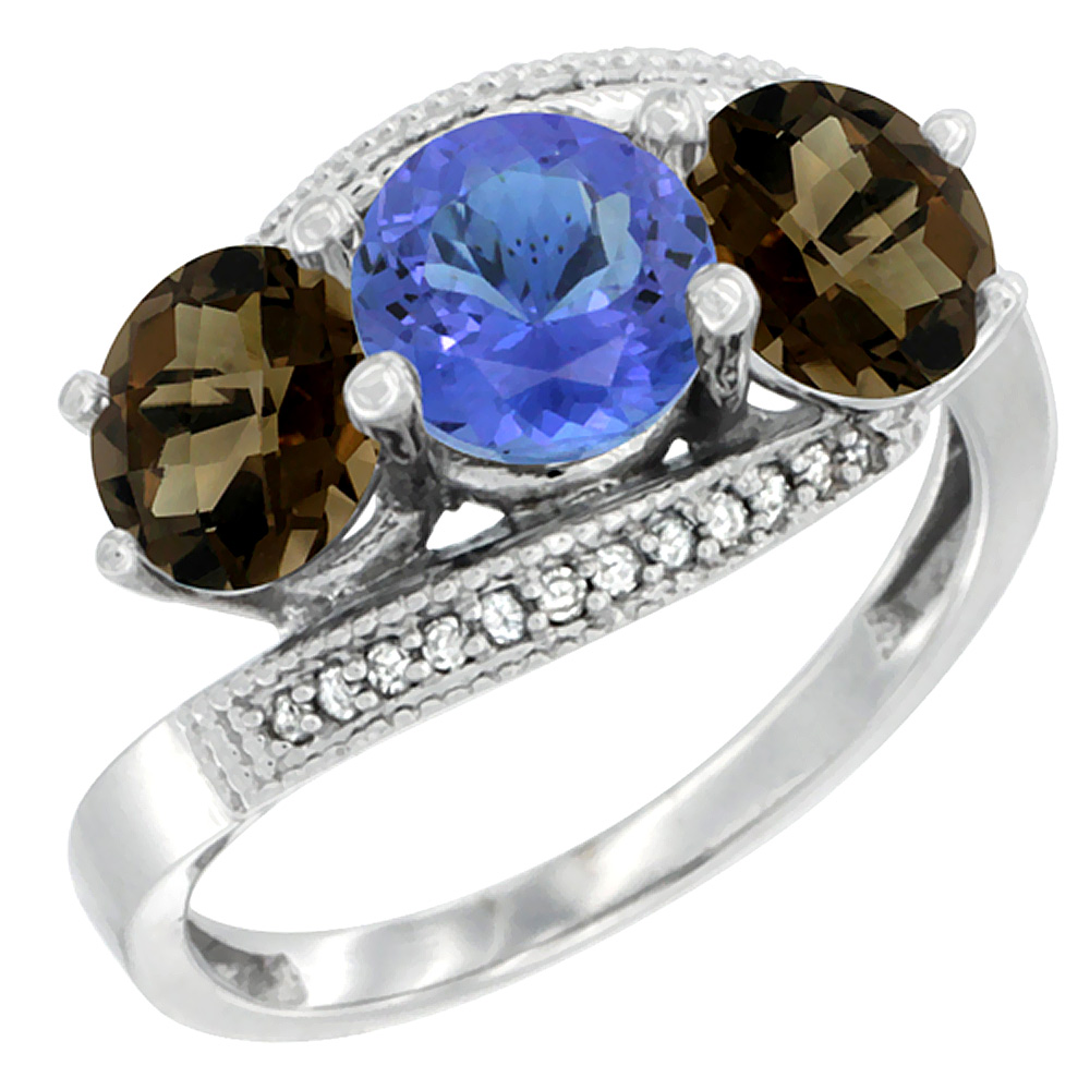 14K White Gold Natural Tanzanite & Smoky Topaz Sides 3 stone Ring Round 6mm Diamond Accent, sizes 5 - 10