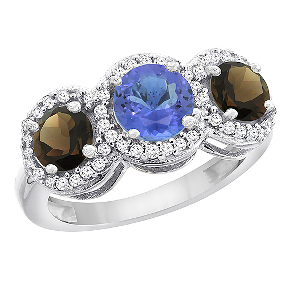 14K White Gold Natural Tanzanite & Smoky Topaz Sides Round 3-stone Ring Diamond Accents, sizes 5 - 10