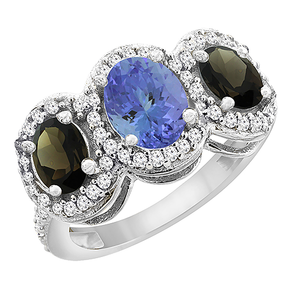 14K White Gold Natural Tanzanite & Smoky Topaz 3-Stone Ring Oval Diamond Accent, sizes 5 - 10