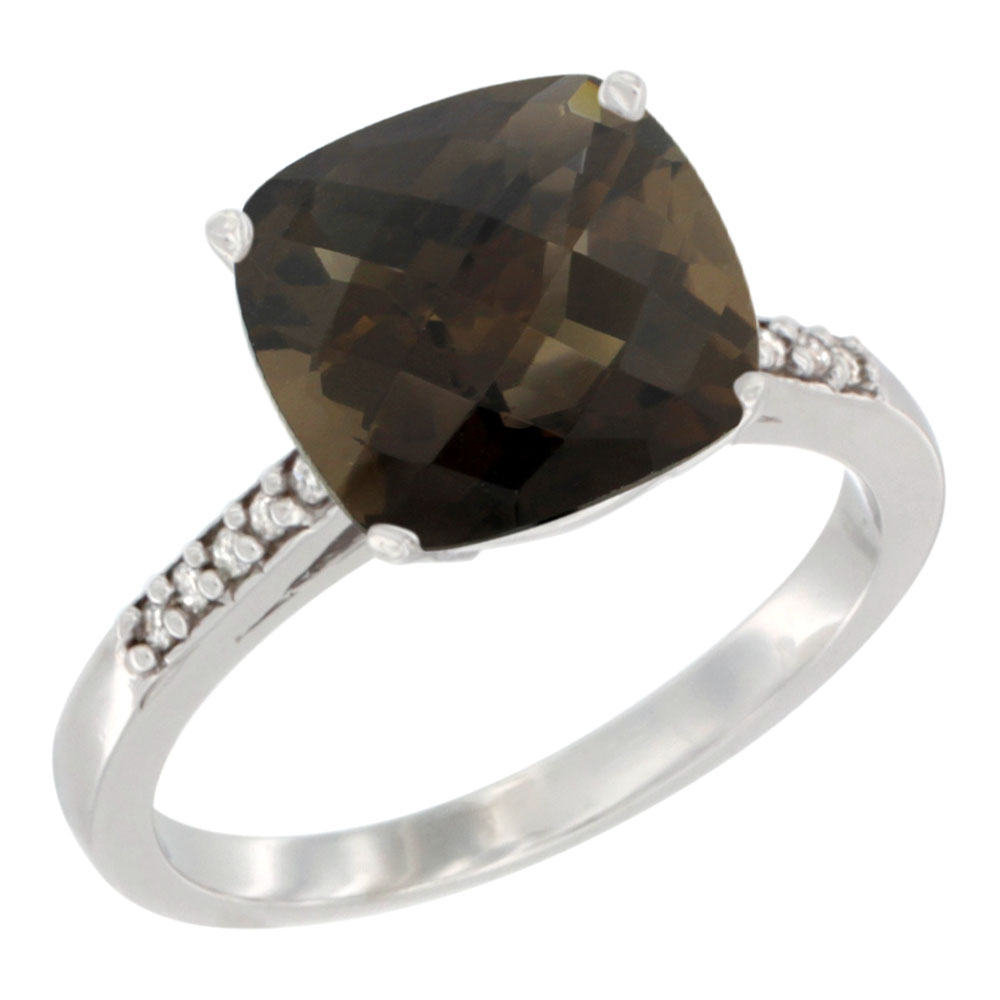 14K White Gold Natural Smoky Topaz Ring 9 mm Cushion-cut Diamond accent, sizes 5 - 10