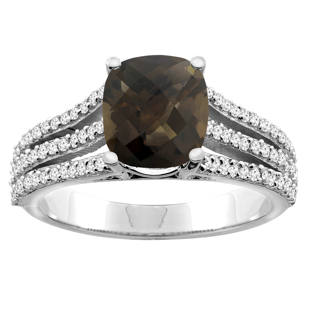 10K White/Yellow Gold Diamond Natural Smoky Topaz Tri-split Ring Cushion-cut 8x6mm, sizes 5 - 10