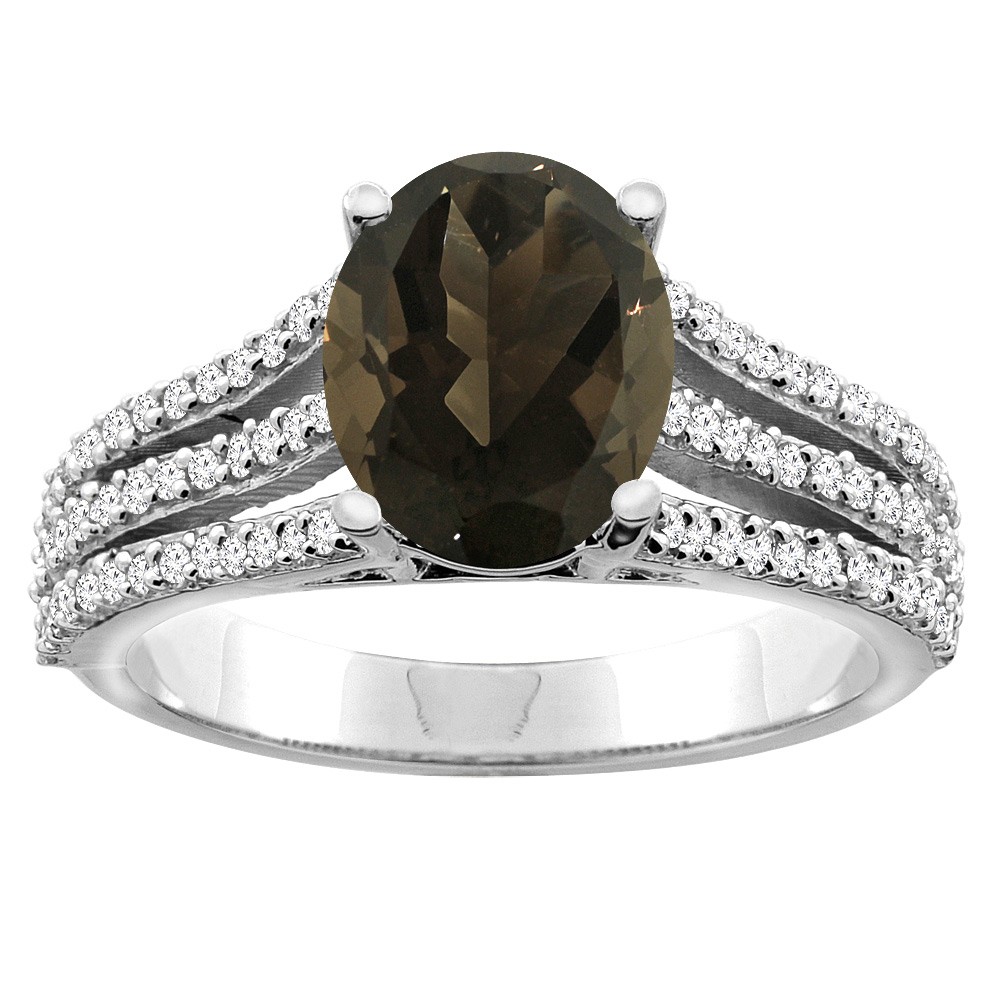 10K White/Yellow Gold Natural Smoky Topaz Tri-split Ring Oval 9x7mm Diamond Accents, sizes 5 - 10