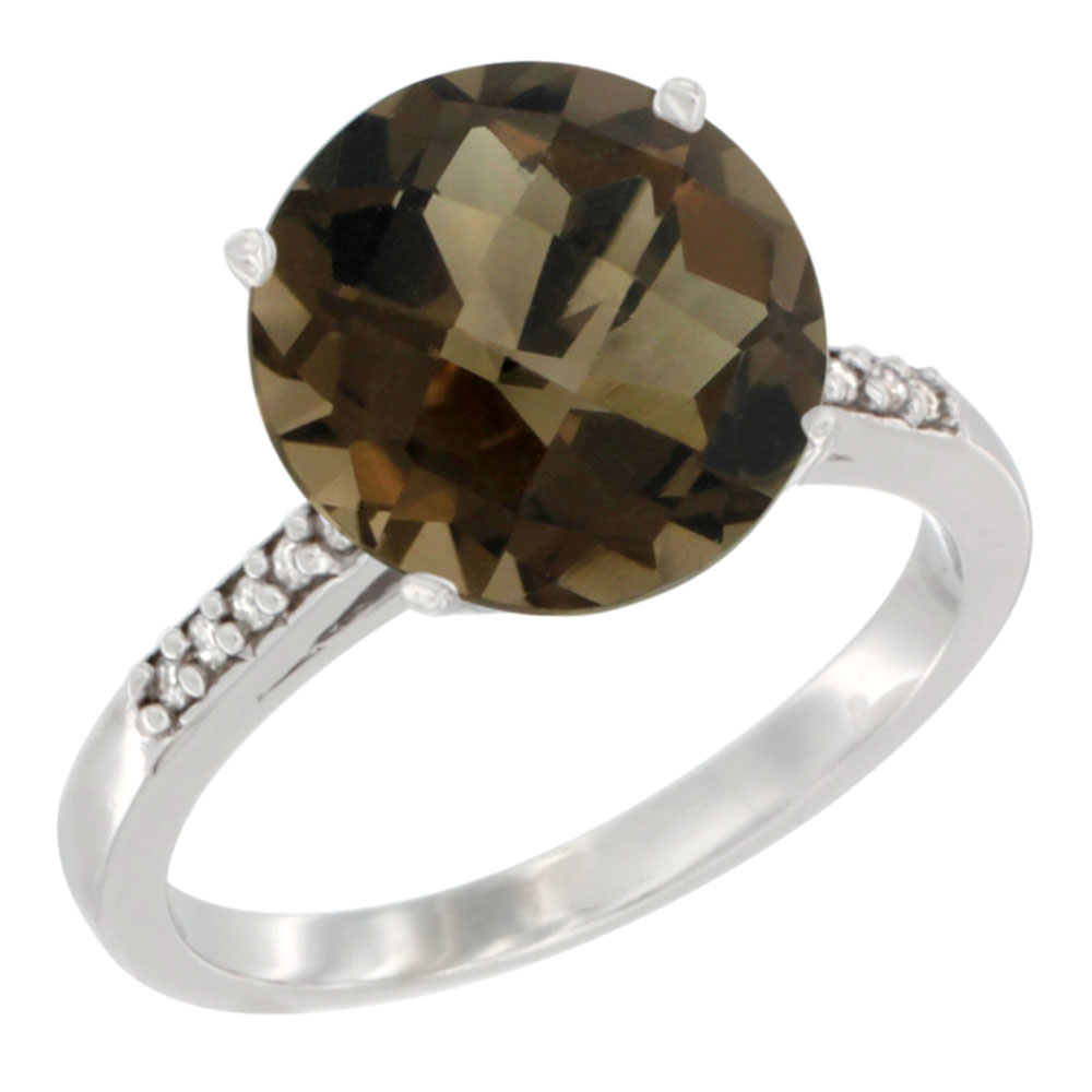 14K White Gold Natural Smoky Topaz Ring Round 10mm Diamond accent, sizes 5 - 10