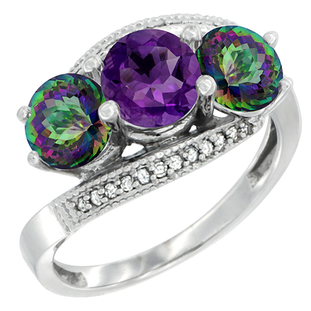 14K White Gold Natural Amethyst & Mystic Topaz Sides 3 stone Ring Round 6mm Diamond Accent, sizes 5 - 10