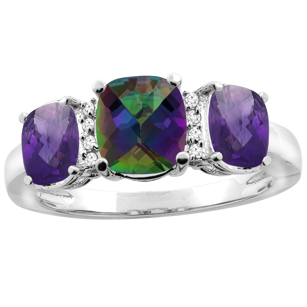 14K White Gold Natural Mystic Topaz &amp; Amethyst 3-stone Ring Cushion 8x6mm Diamond Accent, sizes 5 - 10