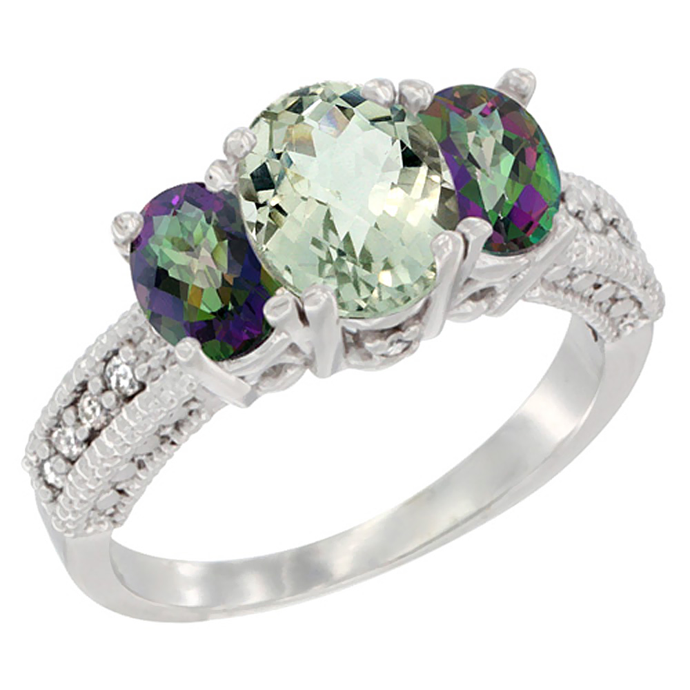 10K White Gold Diamond Natural Green Amethyst Ring Oval 3-stone with Mystic Topaz, sizes 5 - 10