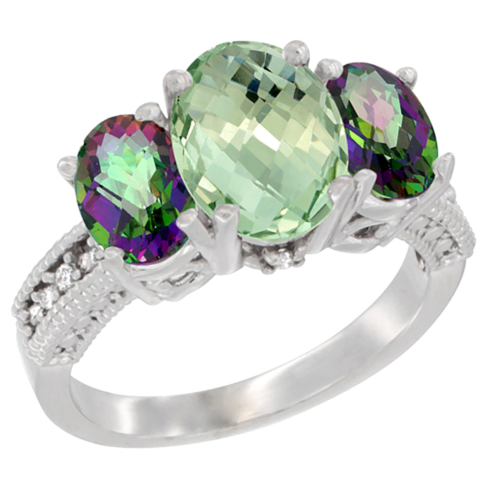 14K White Gold Diamond Natural Green Amethyst Ring 3-Stone Oval 8x6mm with Mystic Topaz, sizes5-10