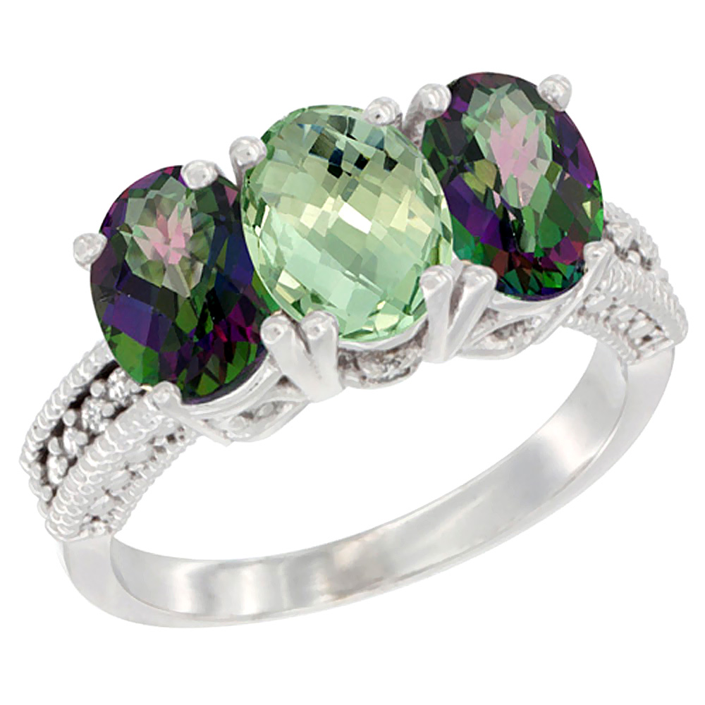10K White Gold Natural Green Amethyst &amp; Mystic Topaz Sides Ring 3-Stone Oval 7x5 mm Diamond Accent, sizes 5 - 10