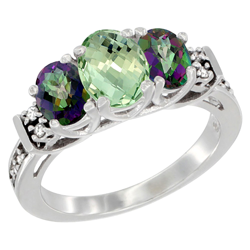 14K White Gold Natural Green Amethyst &amp; Mystic Topaz Ring 3-Stone Oval Diamond Accent, sizes 5-10
