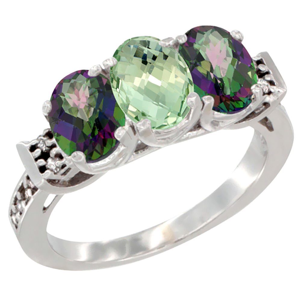 10K White Gold Natural Green Amethyst &amp; Mystic Topaz Sides Ring 3-Stone Oval 7x5 mm Diamond Accent, sizes 5 - 10