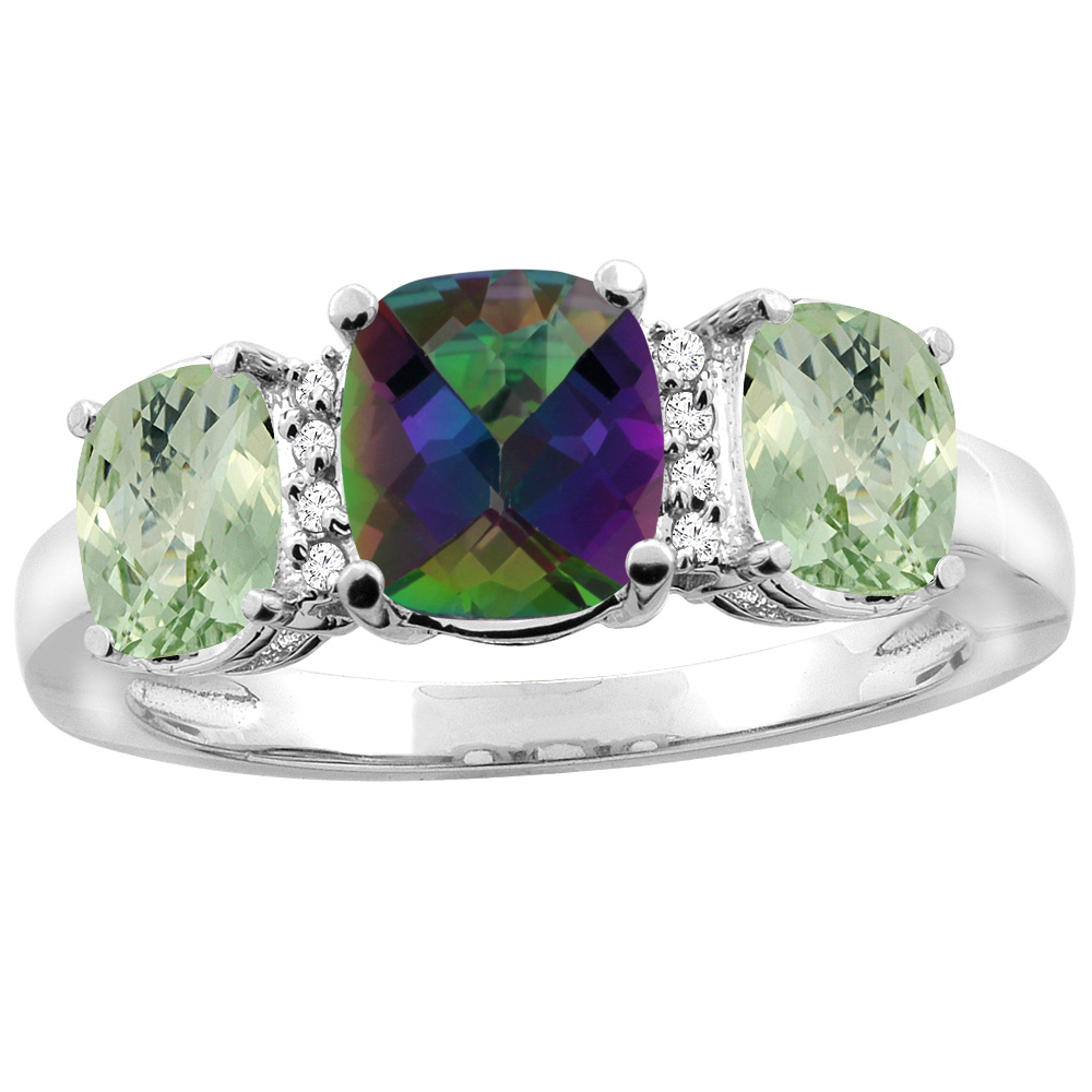 14K Yellow Gold Natural Mystic Topaz &amp; Green Amethyst 3-Stone Ring Cushion 8x6mm Diamond Accent, sizes 5 - 10