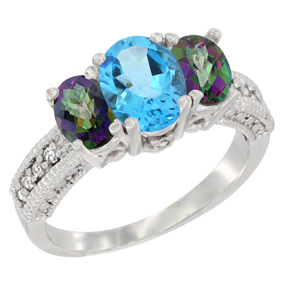14K White Gold Diamond Natural Swiss Blue Ring Oval 3-stone with Mystic Topaz, sizes 5 - 10