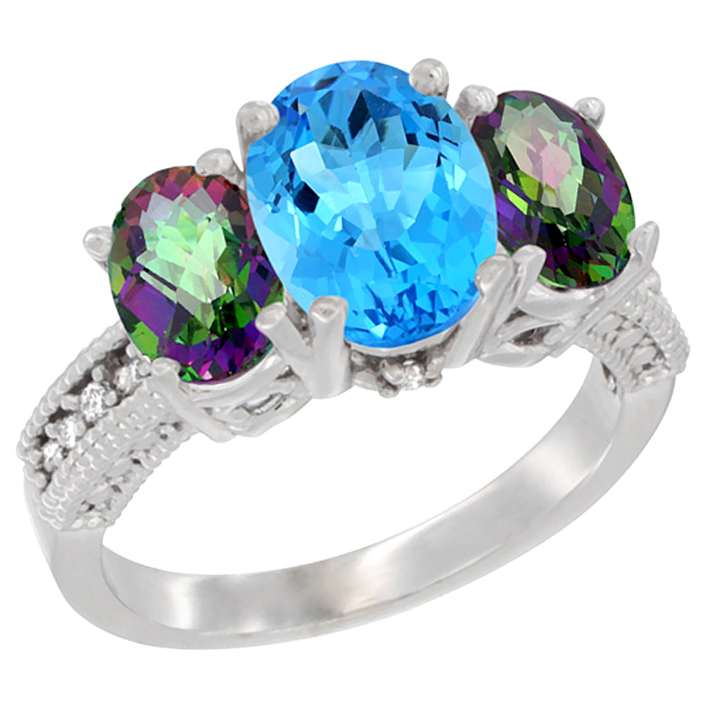 10K White Gold Diamond Natural Swiss Blue Topaz Ring 3-Stone Oval 8x6mm with Mystic Topaz, sizes5-10