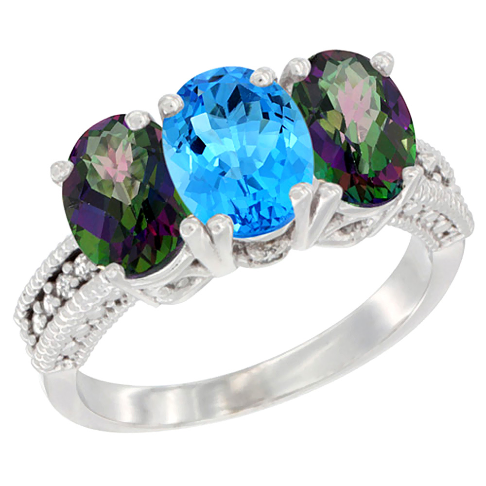 10K White Gold Natural Swiss Blue Topaz & Mystic Topaz Sides Ring 3-Stone Oval 7x5 mm Diamond Accent, sizes 5 - 10