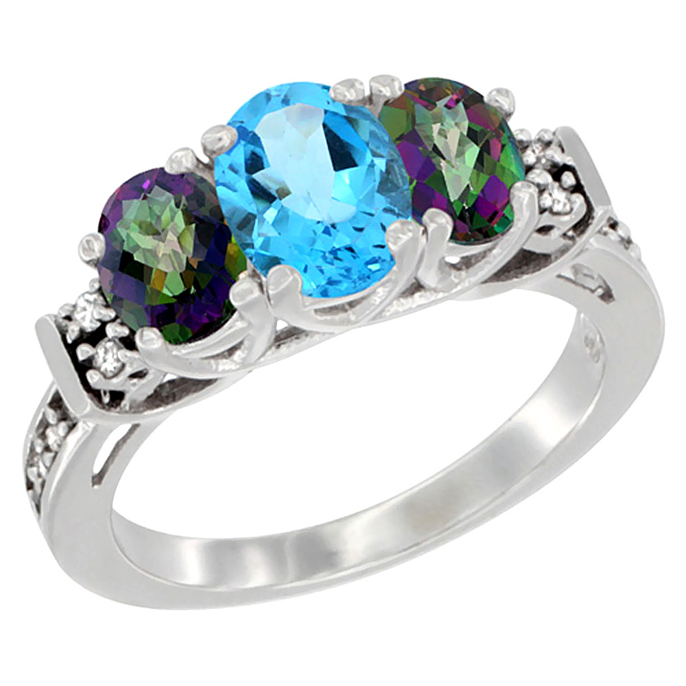 14K White Gold Natural Swiss Blue Topaz &amp; Mystic Topaz Ring 3-Stone Oval Diamond Accent, sizes 5-10