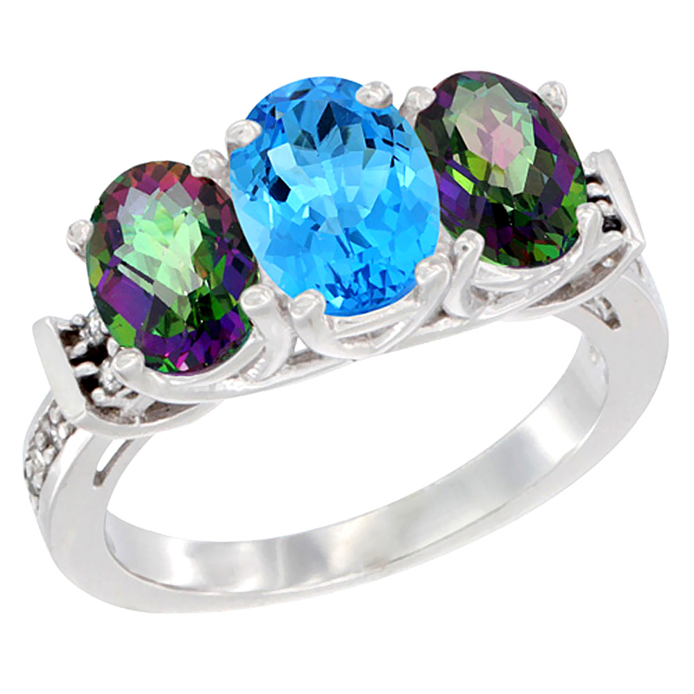 14K White Gold Natural Swiss Blue Topaz & Mystic Topaz Sides Ring 3-Stone Oval Diamond Accent, sizes 5 - 10