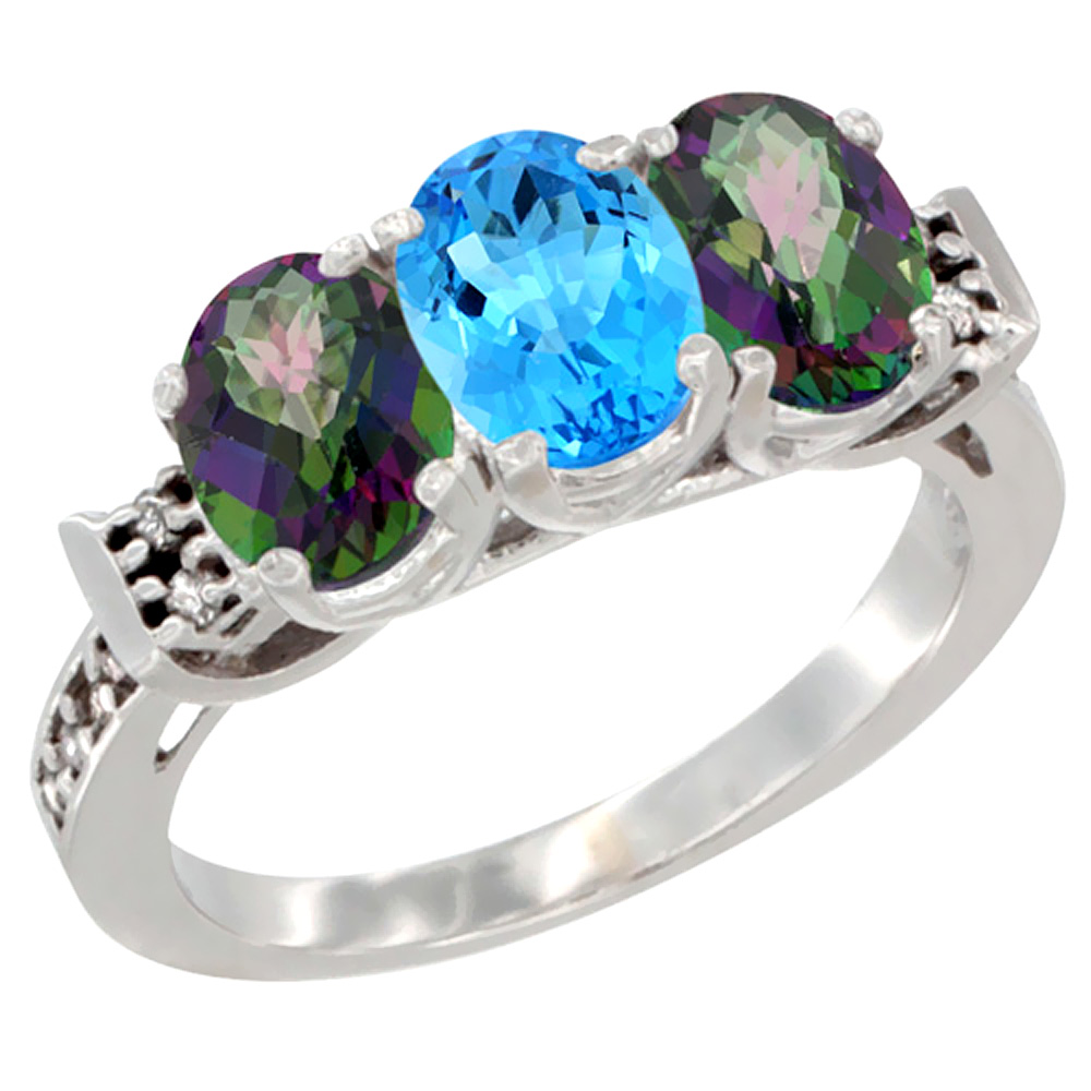 14K White Gold Natural Swiss Blue Topaz & Mystic Topaz Sides Ring 3-Stone Oval 7x5 mm Diamond Accent, sizes 5 - 10