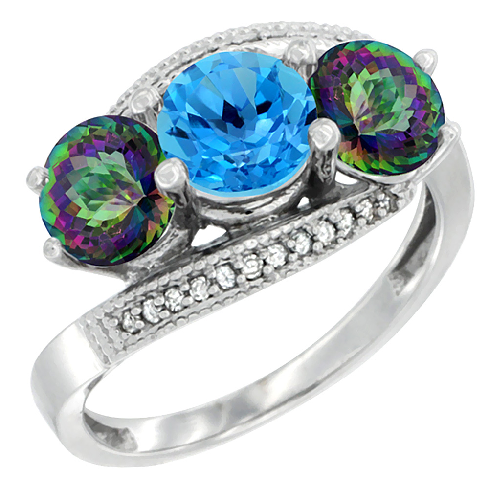 10K White Gold Natural Swiss Blue Topaz & Mystic Topaz Sides 3 stone Ring Round 6mm Diamond Accent, sizes 5 - 10