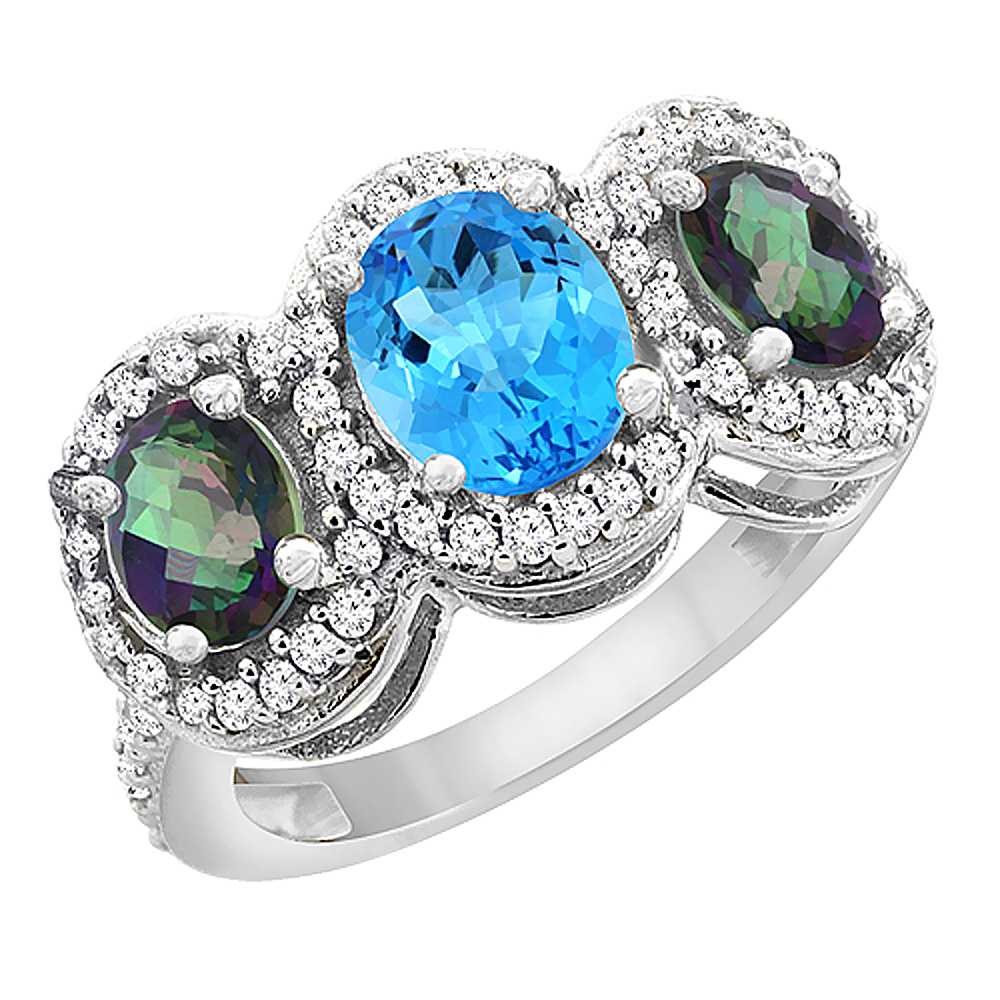 14K White Gold Natural Swiss Blue Topaz & Mystic Topaz 3-Stone Ring Oval Diamond Accent, sizes 5 - 10