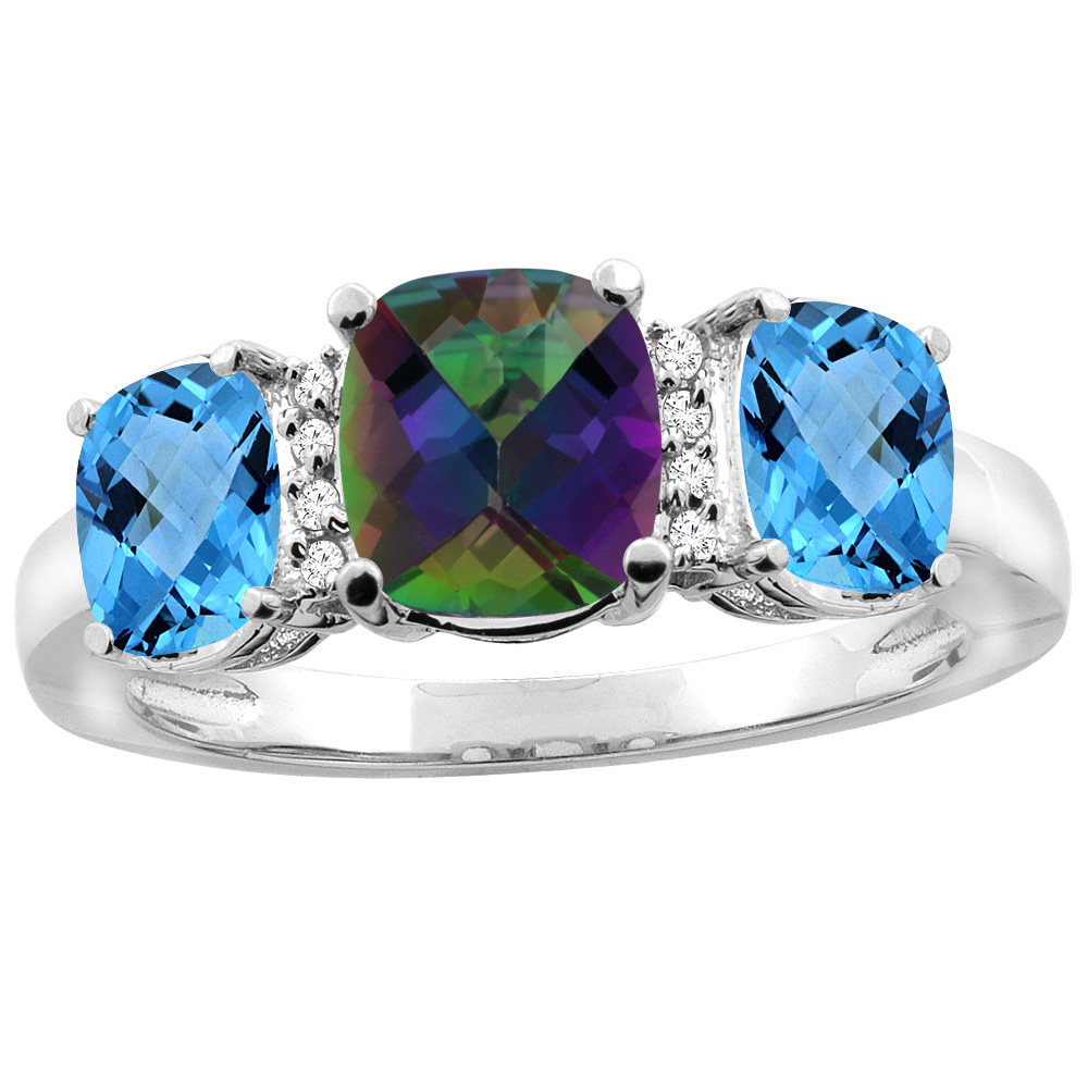 14K White Gold Natural Mystic Topaz &amp; Swiss Blue Topaz 3-stone Ring Cushion 8x6mm Diamond Accent, sizes 5 - 10