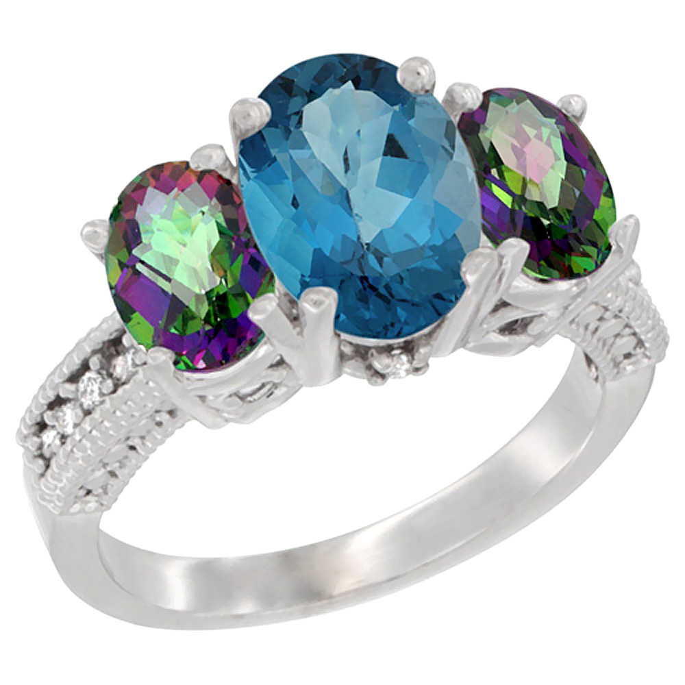 14K White Gold Diamond Natural London Blue Topaz Ring 3-Stone Oval 8x6mm with Mystic Topaz, sizes5-10