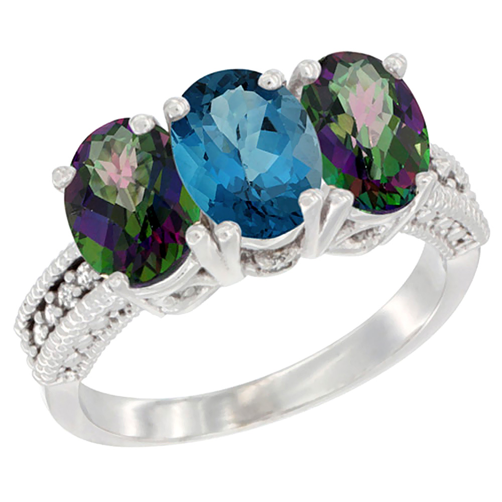 10K White Gold Natural London Blue Topaz & Mystic Topaz Sides Ring 3-Stone Oval 7x5 mm Diamond Accent, sizes 5 - 10