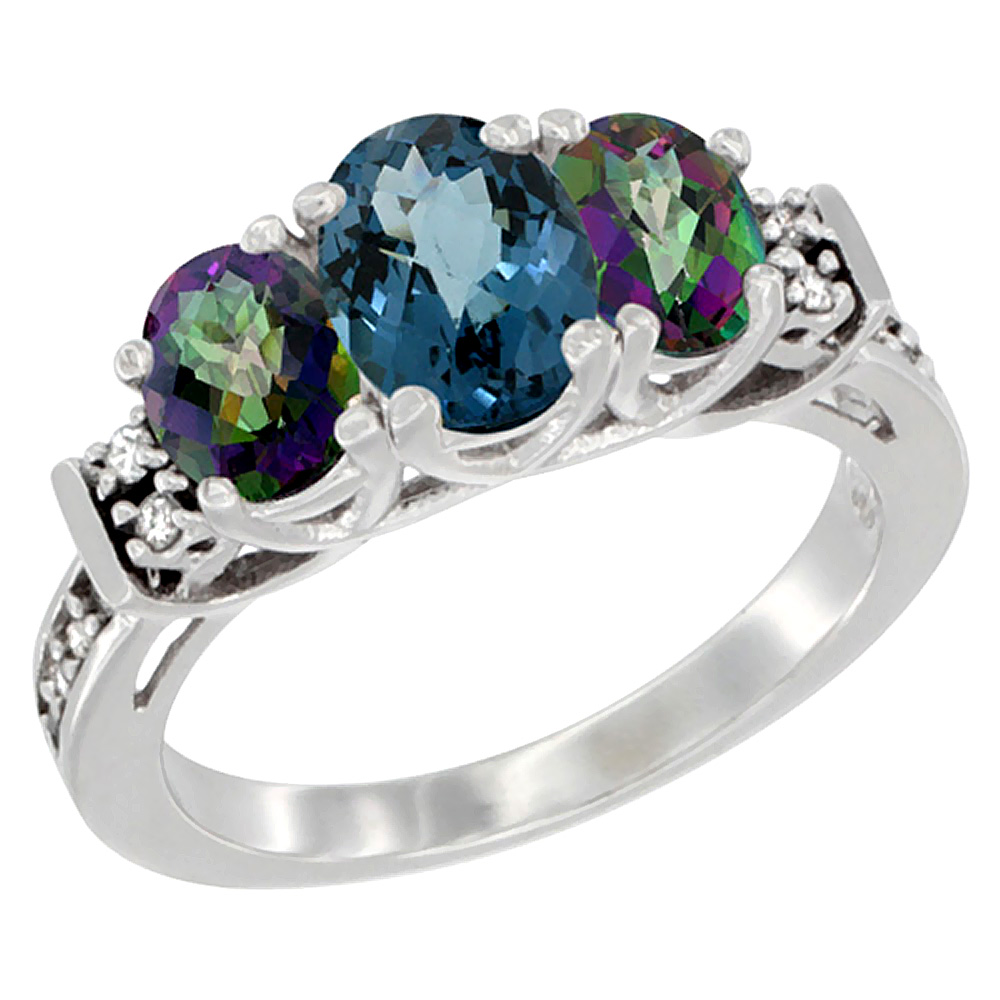 10K White Gold Natural London Blue Topaz & Mystic Topaz Ring 3-Stone Oval Diamond Accent, sizes 5-10