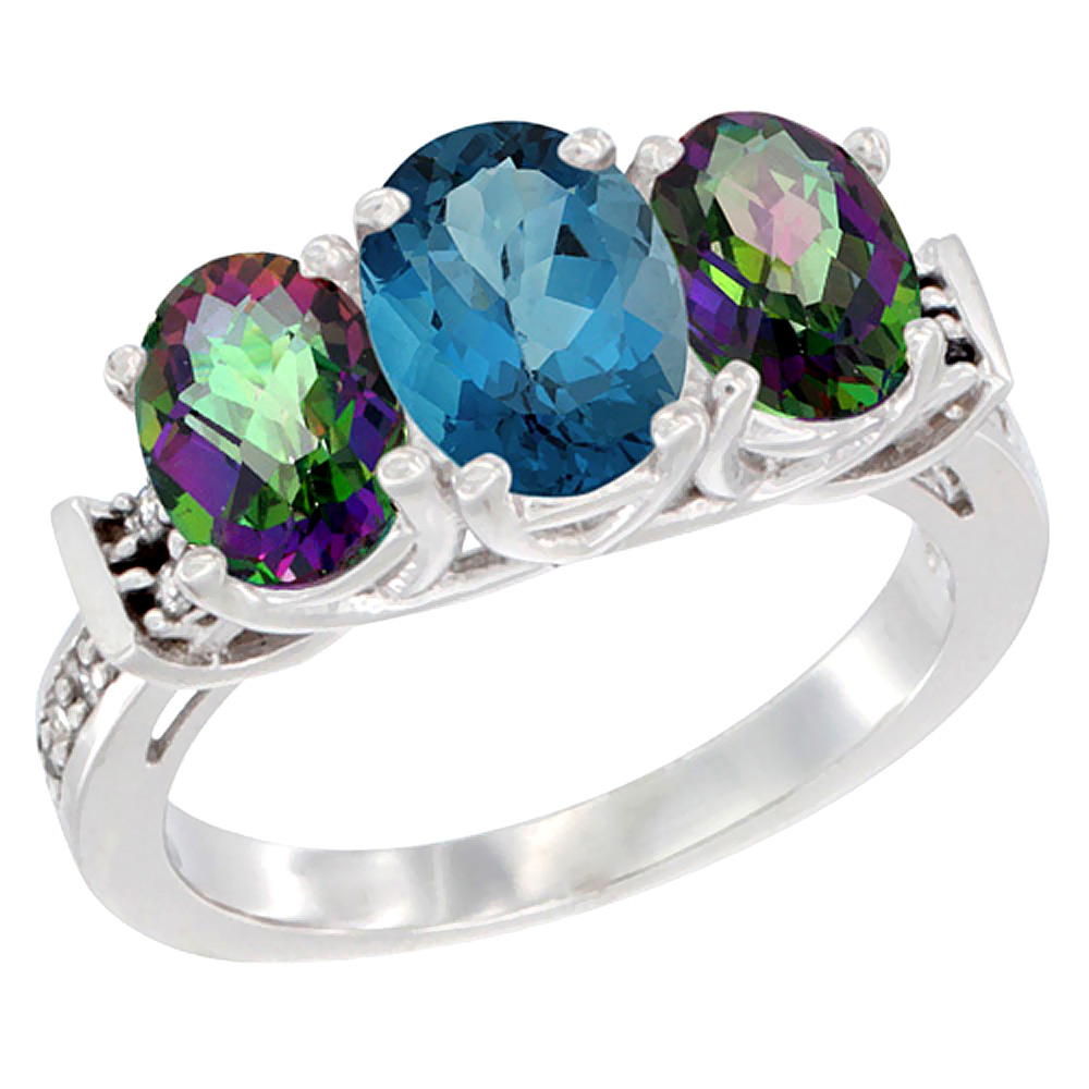 10K White Gold Natural London Blue Topaz & Mystic Topaz Sides Ring 3-Stone Oval Diamond Accent, sizes 5 - 10