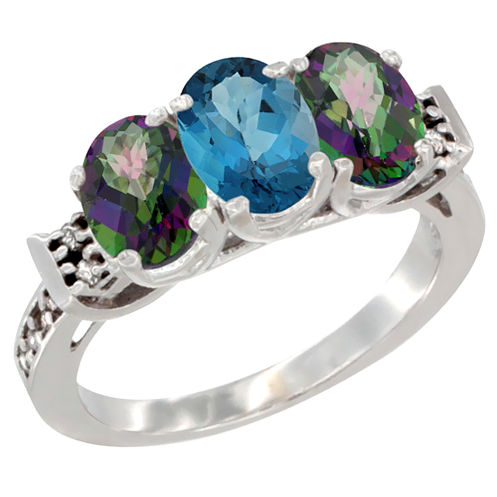 14K White Gold Natural London Blue Topaz & Mystic Topaz Sides Ring 3-Stone Oval 7x5 mm Diamond Accent, sizes 5 - 10