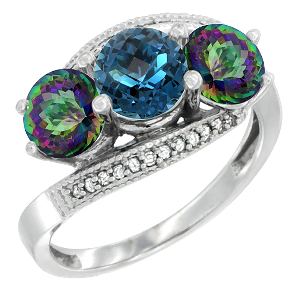 14K White Gold Natural London Blue Topaz & Mystic Topaz Sides 3 stone Ring Round 6mm Diamond Accent, sizes 5 - 10