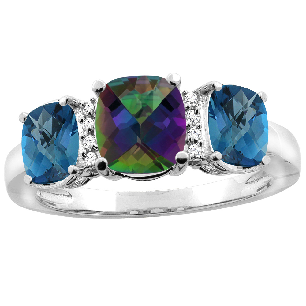 10K White Gold Natural Mystic Topaz &amp; London Blue Topaz 3-stone Ring Cushion 8x6mm Diamond Accent, sizes 5 - 10