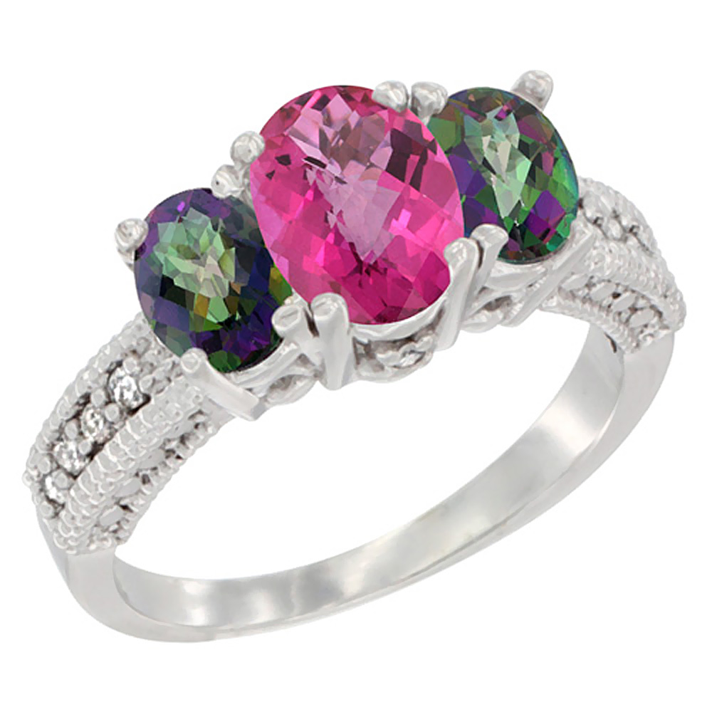 14K White Gold Diamond Natural Pink Topaz Ring Oval 3-stone with Mystic Topaz, sizes 5 - 10