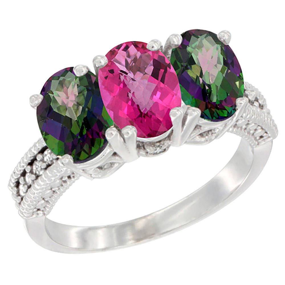 10K White Gold Natural Pink Topaz &amp; Mystic Topaz Sides Ring 3-Stone Oval 7x5 mm Diamond Accent, sizes 5 - 10